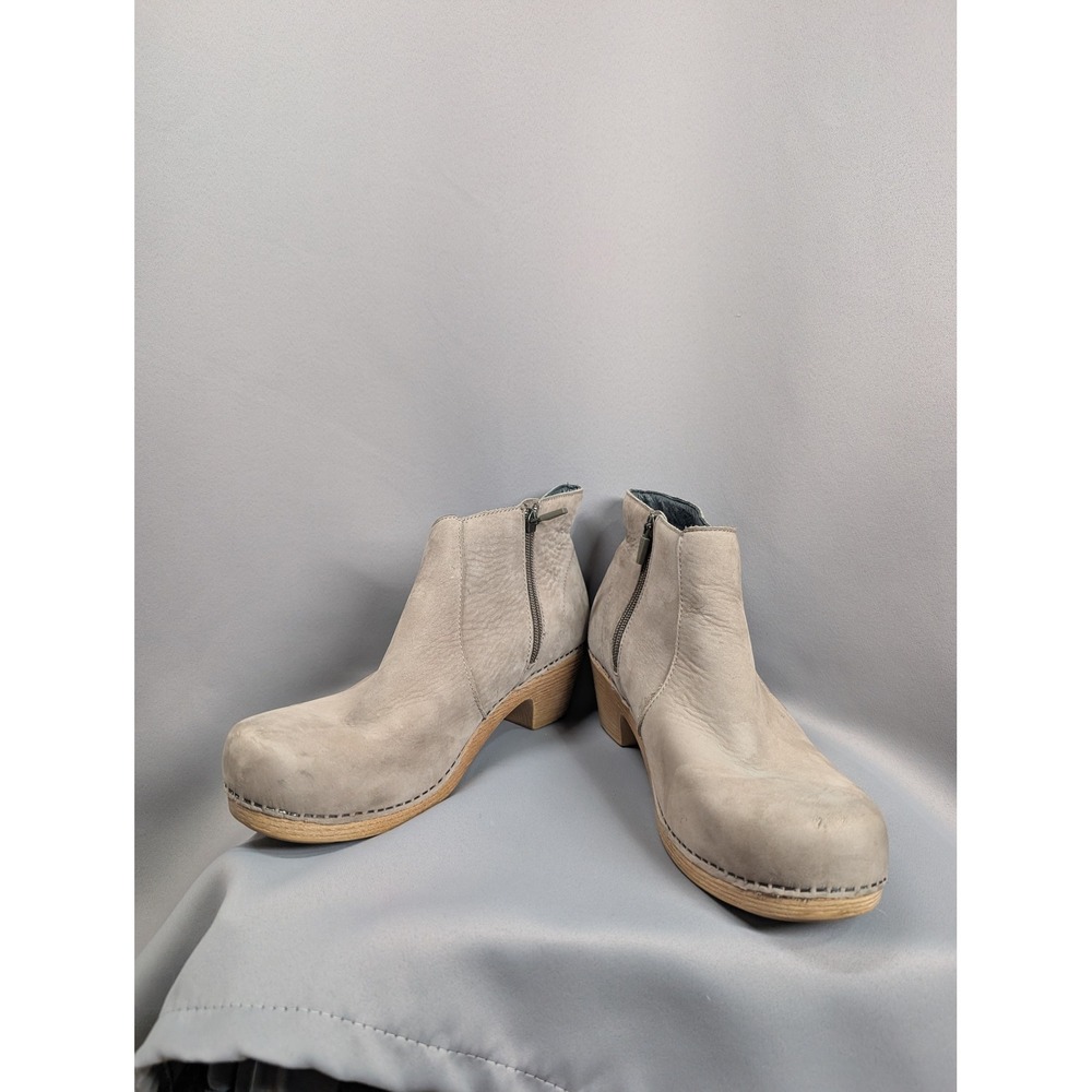 Dansko Ankle Clog Boots Womens US 11 Grey Leather Side Zip Block Heel